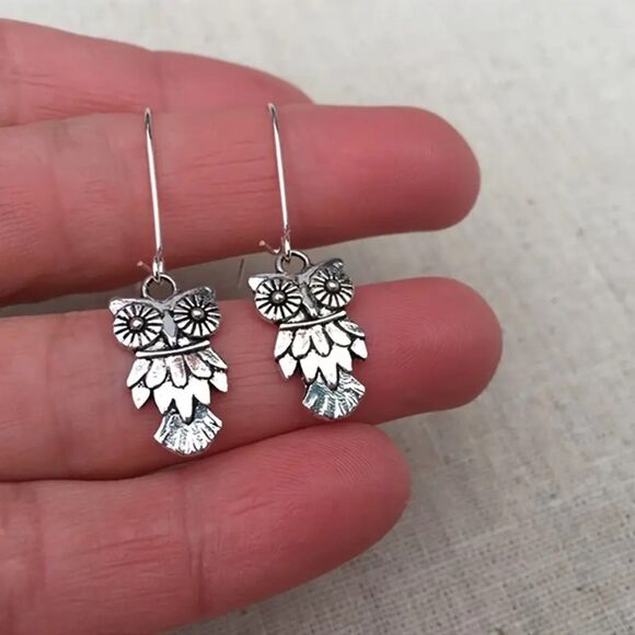 Boutique Jewelry - ⭐ Silvertone Vintage Style Owl Earrings Dangle Drop Small Hook Back Bohemian New